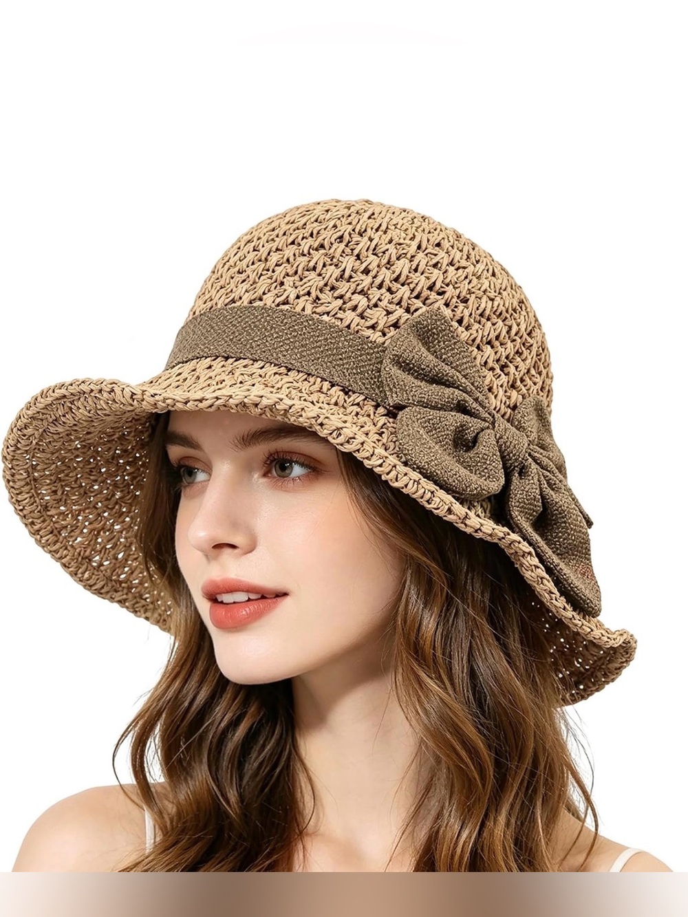 Women's Beige Straw Sun Hat with Decorative Bow